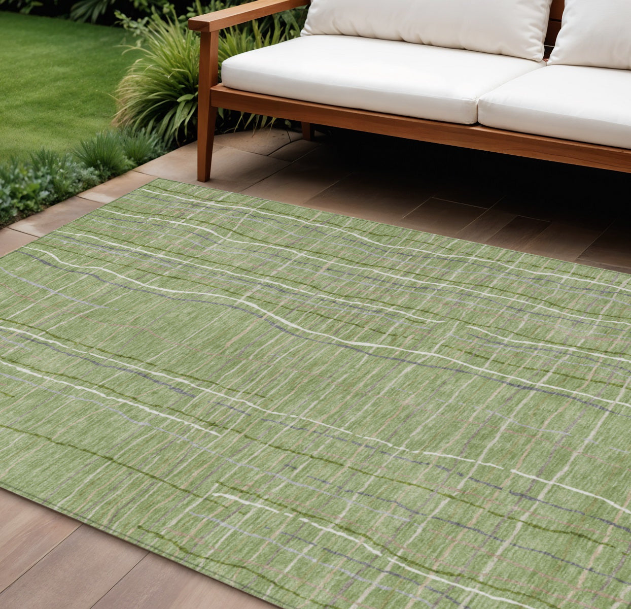 9' X 12' Green Ivory And Gray Striped Washable Indoor Outdoor Area Rug