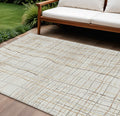 10' X 14' Ivory Brown And Gold Striped Washable Indoor Outdoor Area Rug