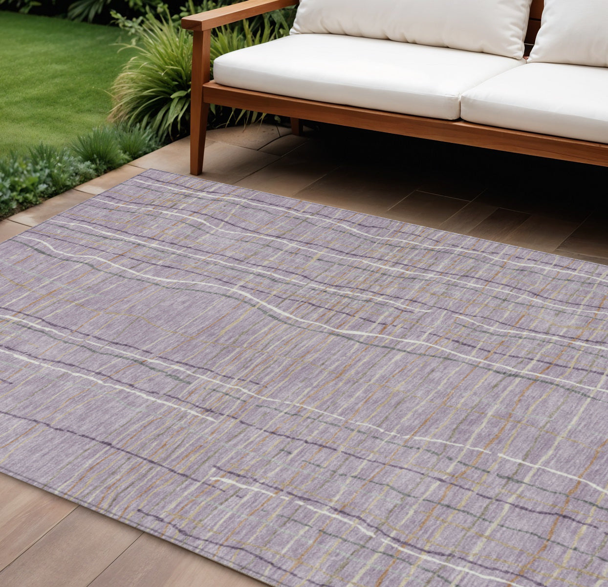9' X 12' Lavender Ivory And Gray Striped Washable Indoor Outdoor Area Rug