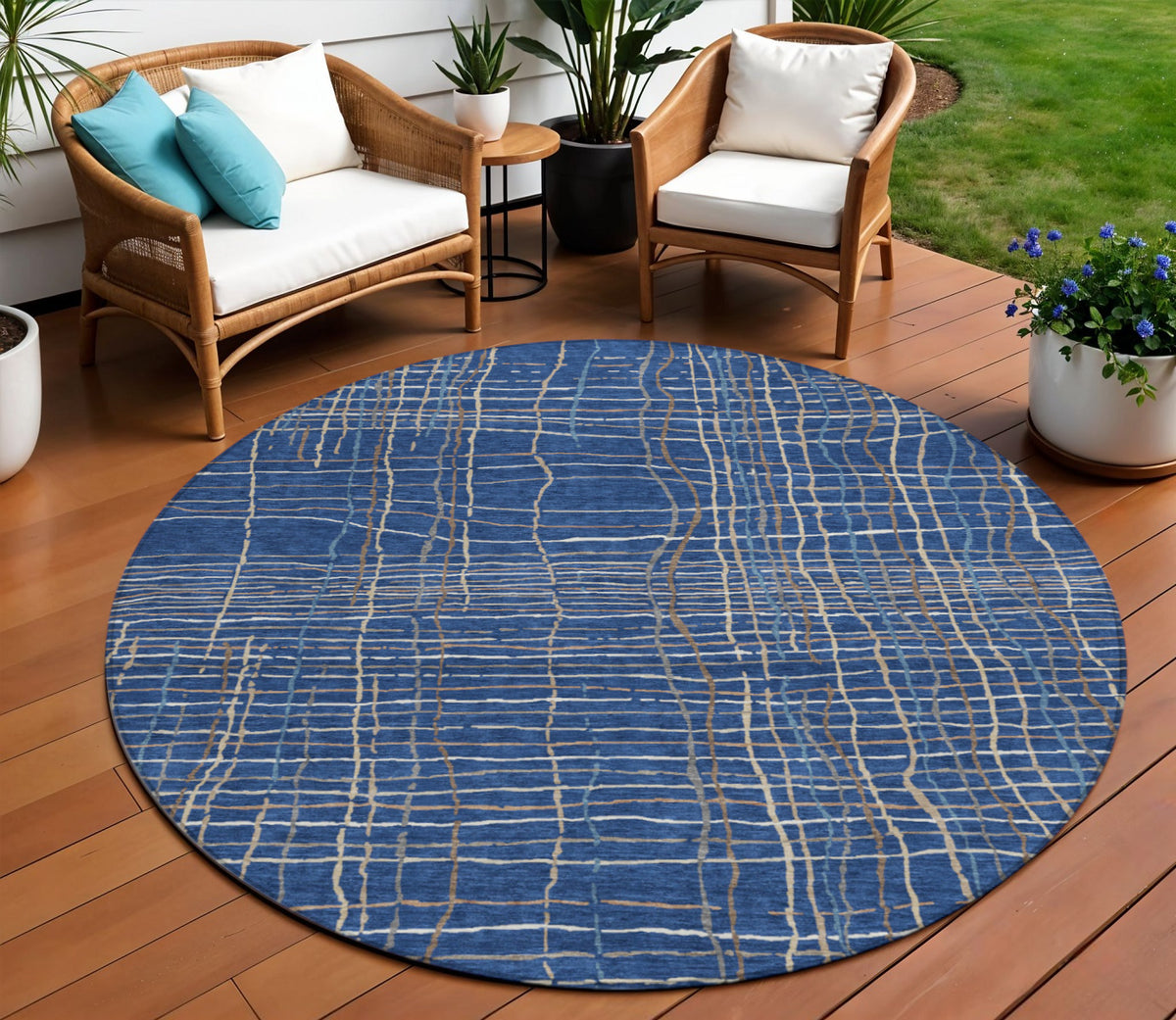 8' Navy Blue Gray And Brown Round Striped Washable Indoor Outdoor Area Rug