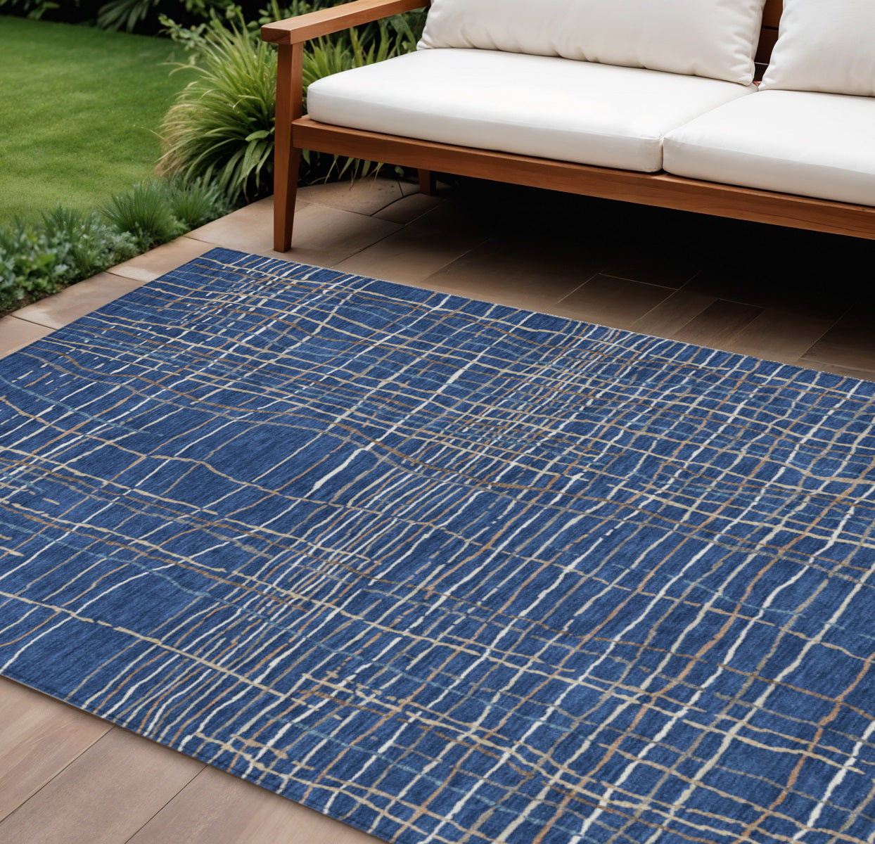9' X 12' Navy Blue Gray And Brown Striped Washable Indoor Outdoor Area Rug