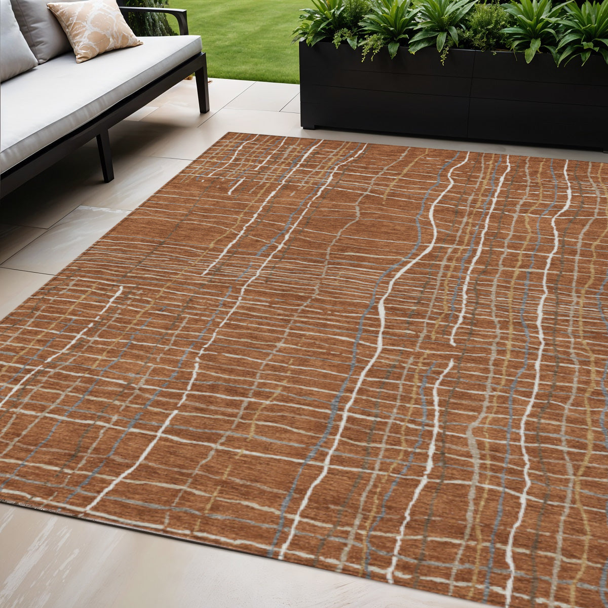 5' X 8' Brown Copper And Gray Striped Washable Indoor Outdoor Area Rug