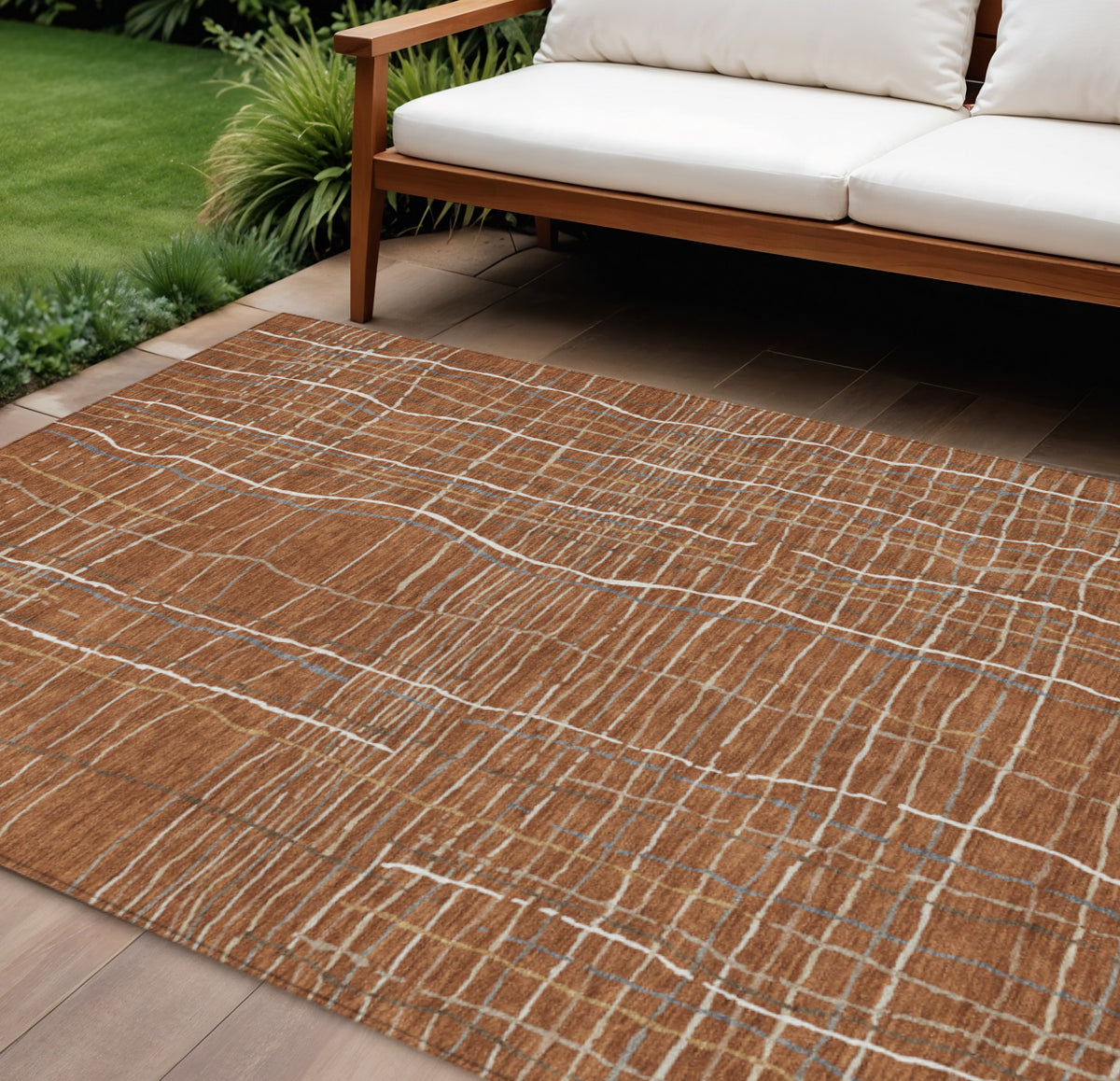 9' X 12' Brown Copper And Gray Striped Washable Indoor Outdoor Area Rug