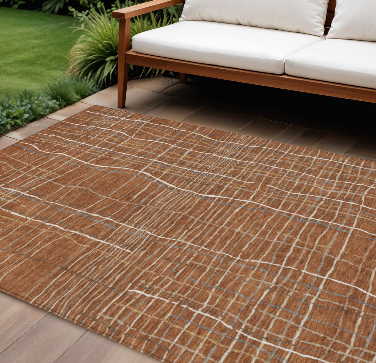 10' X 14' Brown Copper And Gray Striped Washable Indoor Outdoor Area Rug