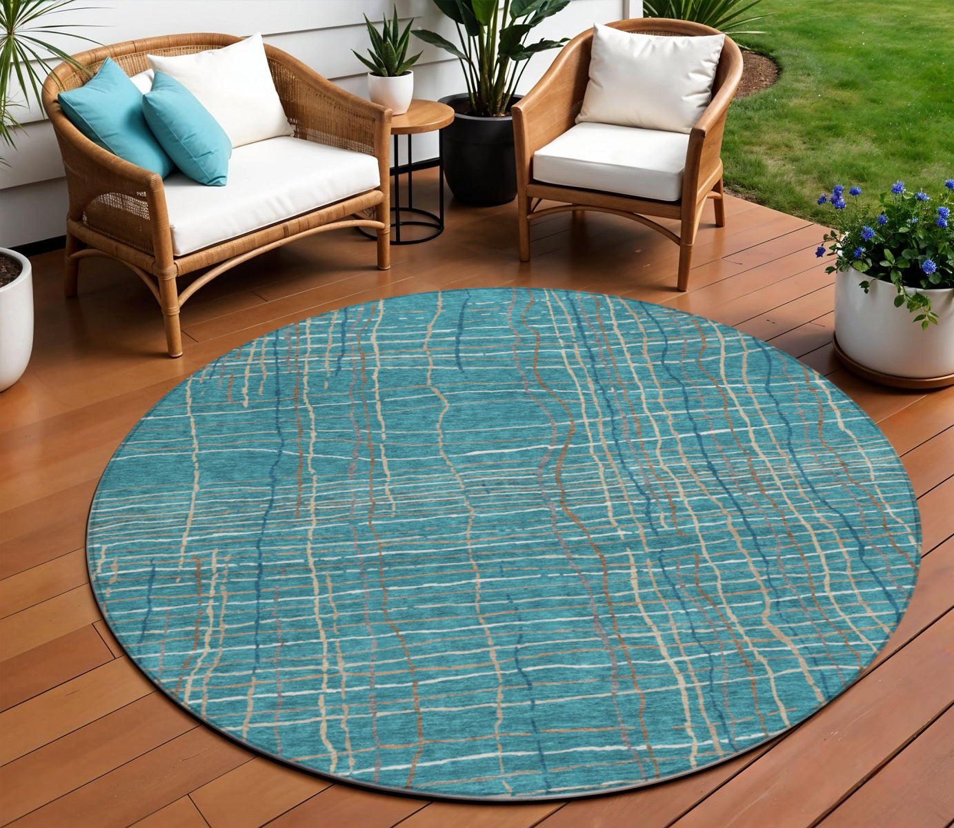 8' Teal Blue Gray And Brown Round Striped Washable Indoor Outdoor Area Rug