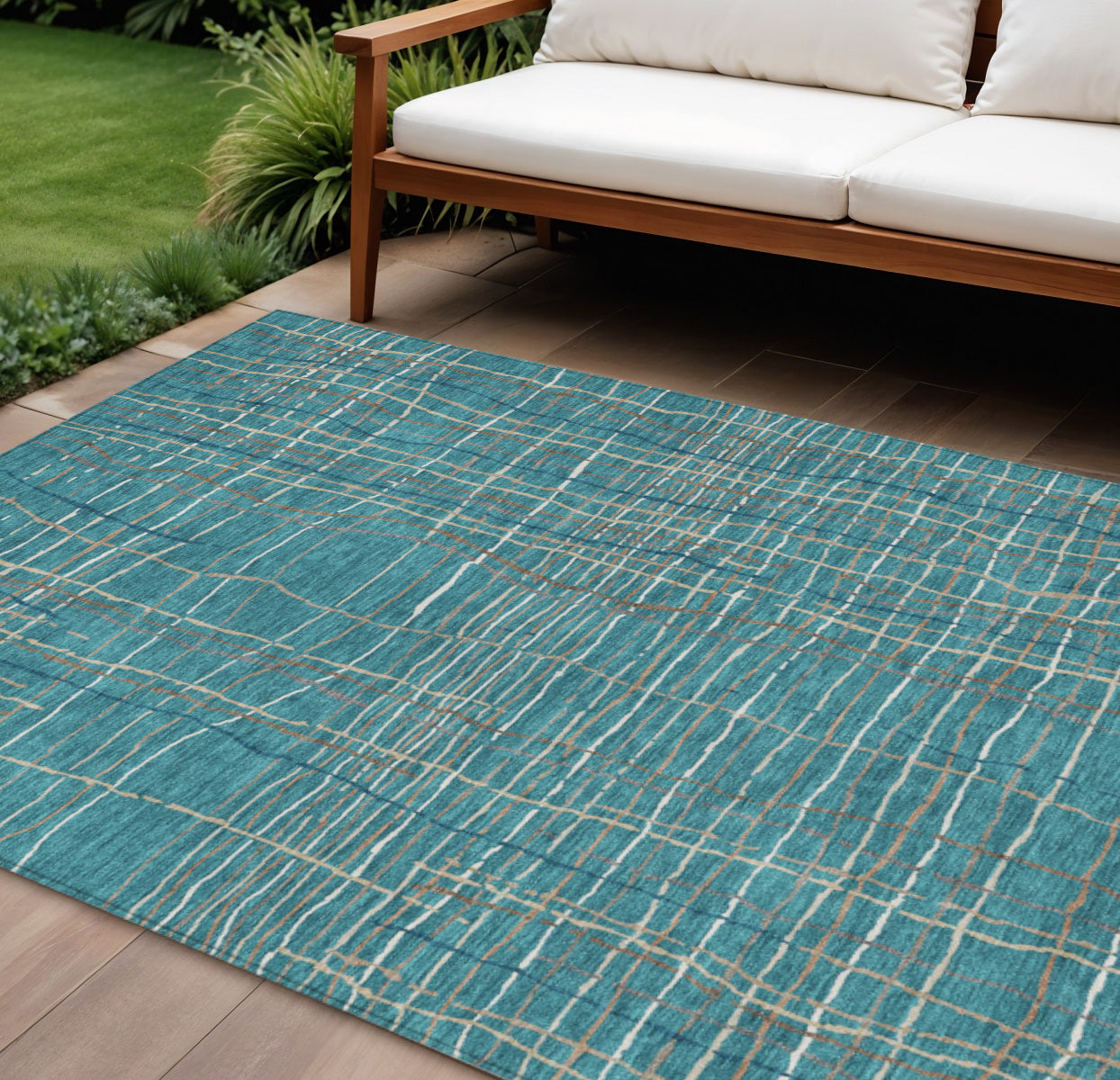 8' X 10' Teal Blue Gray And Brown Striped Washable Indoor Outdoor Area Rug