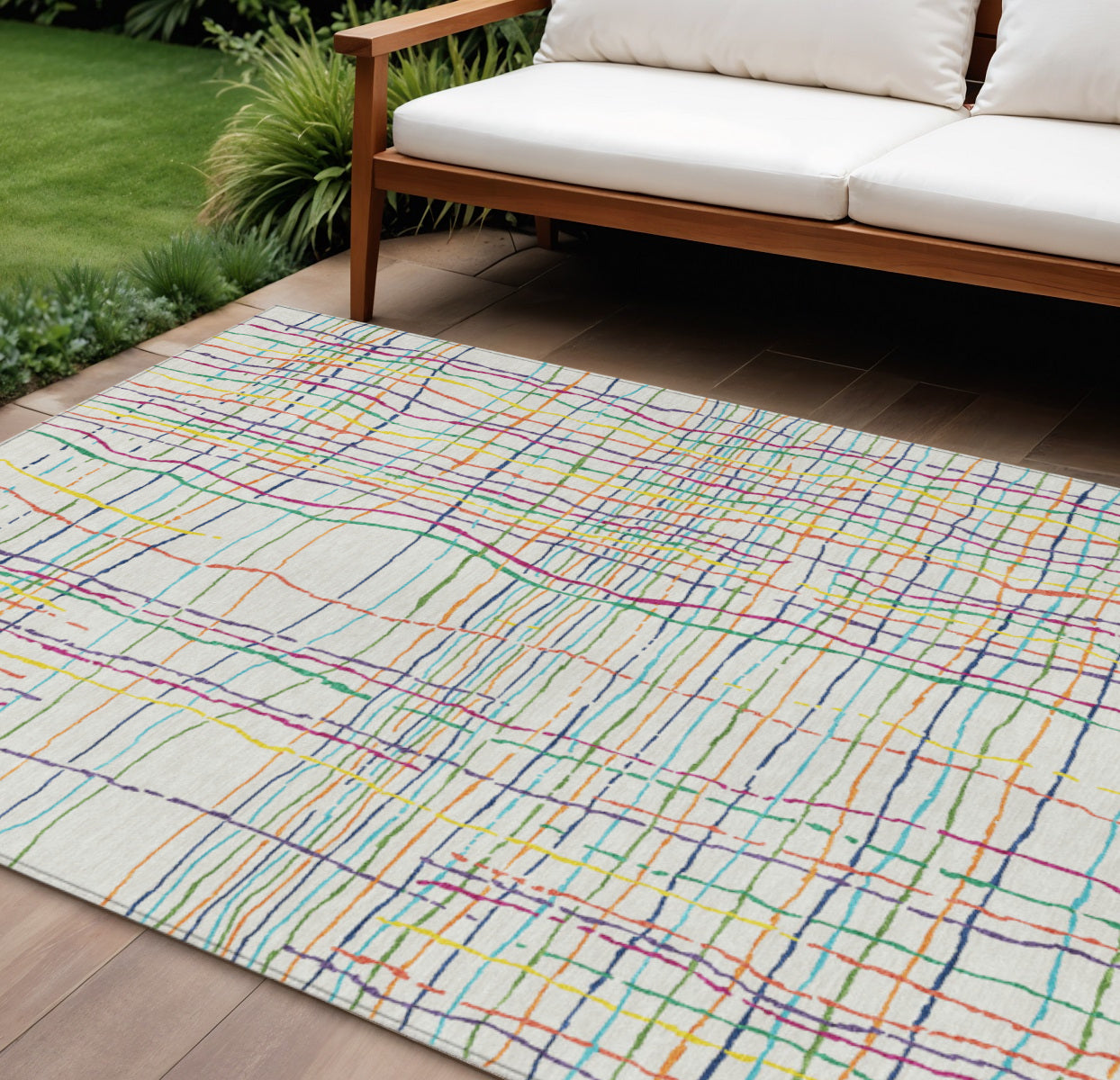 9' X 12' Pink Green And Yellow Striped Washable Indoor Outdoor Area Rug