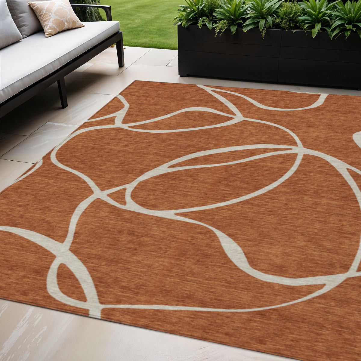 5' X 8' Copper And Ivory Abstract Washable Indoor Outdoor Area Rug