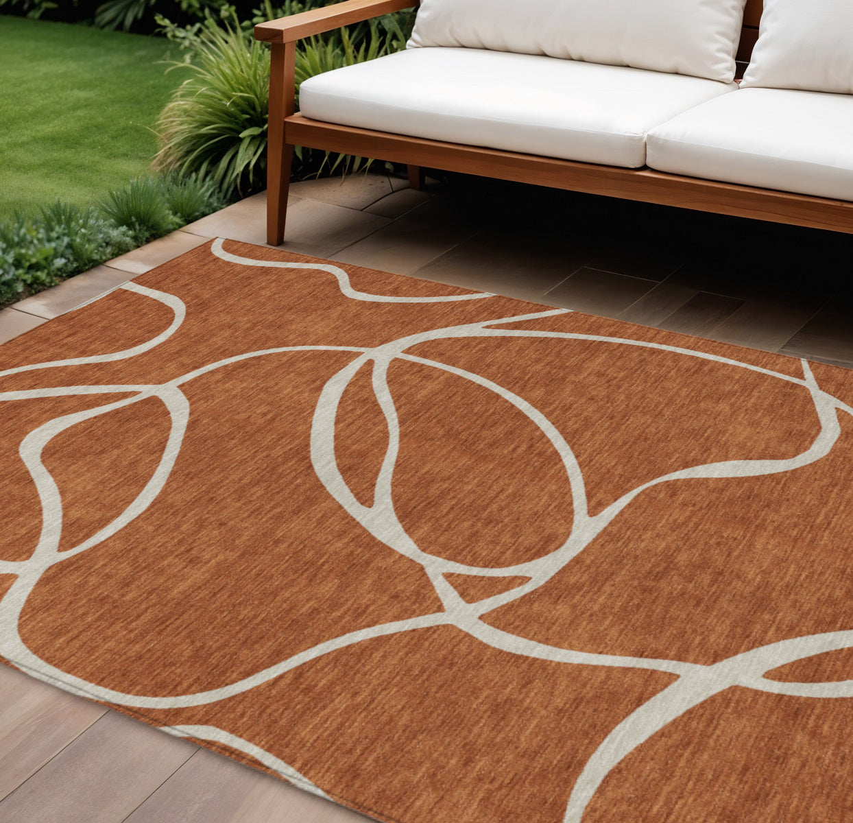 9' X 12' Copper And Ivory Abstract Washable Indoor Outdoor Area Rug
