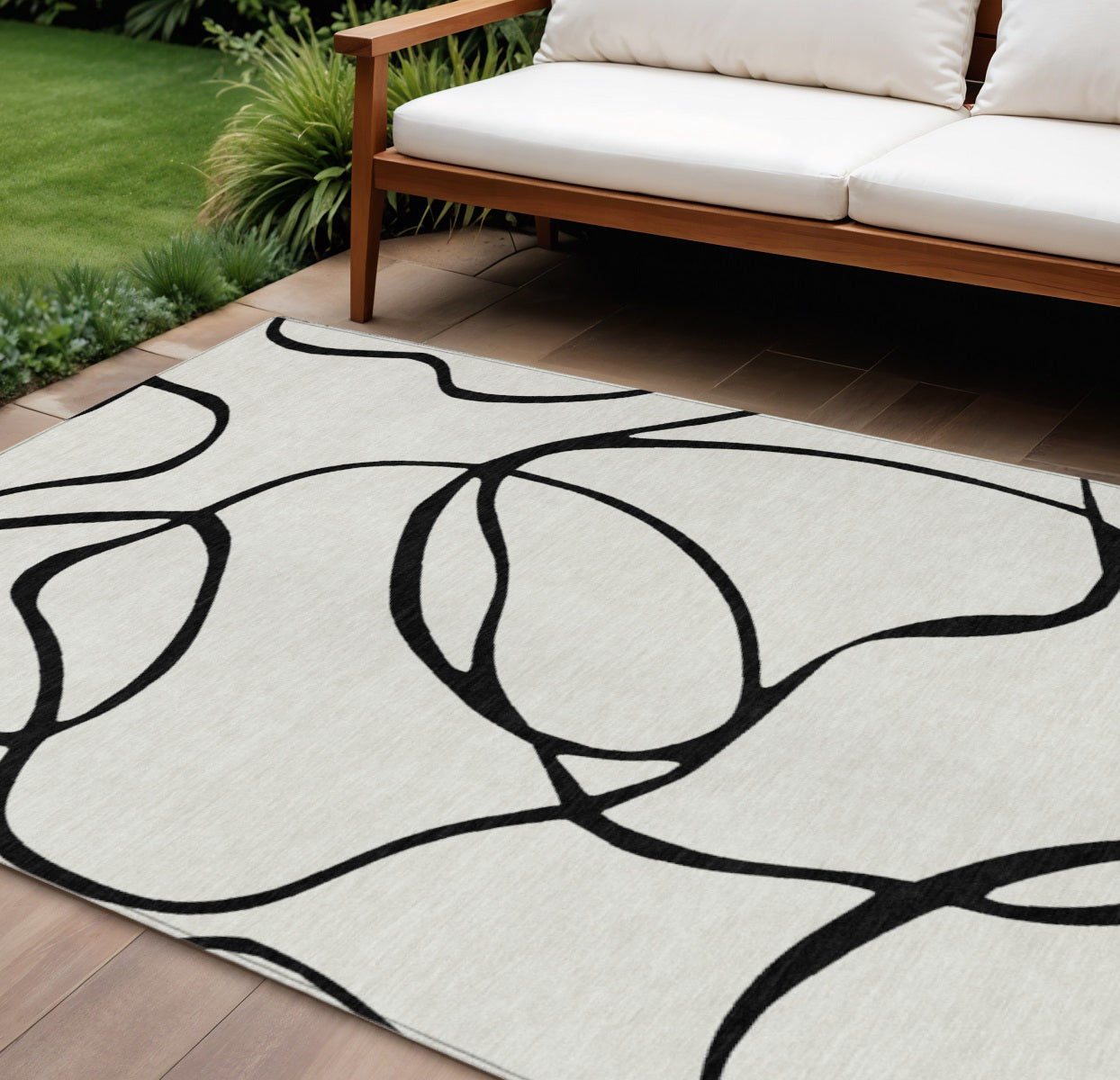 9' X 12' White And Black Abstract Washable Indoor Outdoor Area Rug