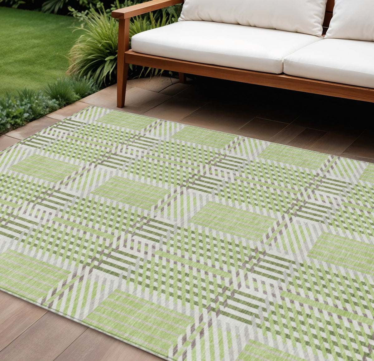 9' X 12' Artichoke Green Gray And Brown Plaid Washable Indoor Outdoor Area Rug