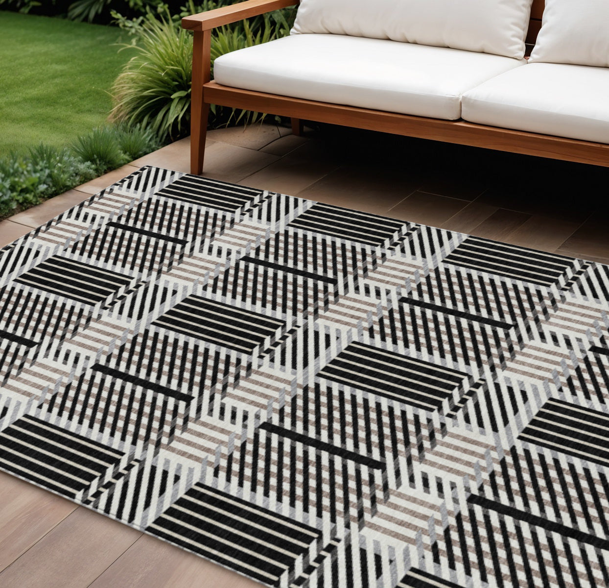9' X 12' Black Gray And Brown Plaid Washable Indoor Outdoor Area Rug