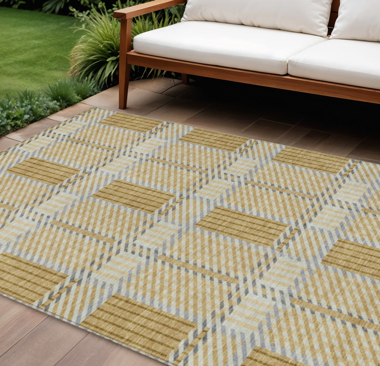 9' X 12' Gold Brown And Gray Plaid Washable Indoor Outdoor Area Rug