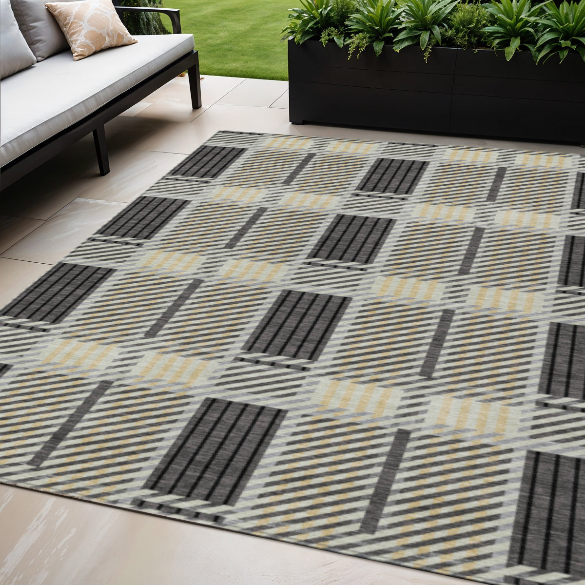 5' X 8' Gray Charcoal And Black Plaid Washable Indoor Outdoor Area Rug