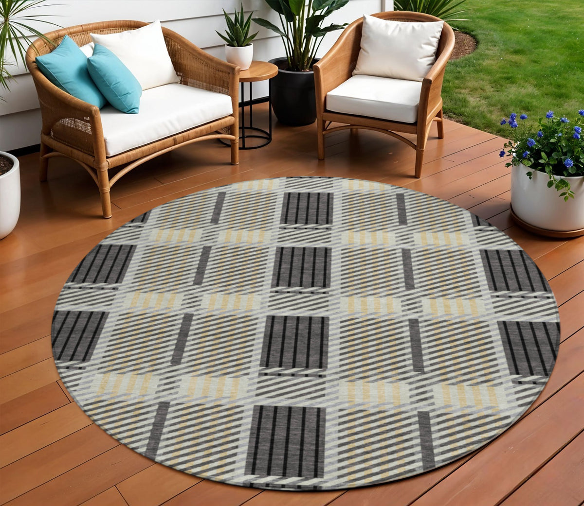 8' Gray Charcoal And Black Round Plaid Washable Indoor Outdoor Area Rug