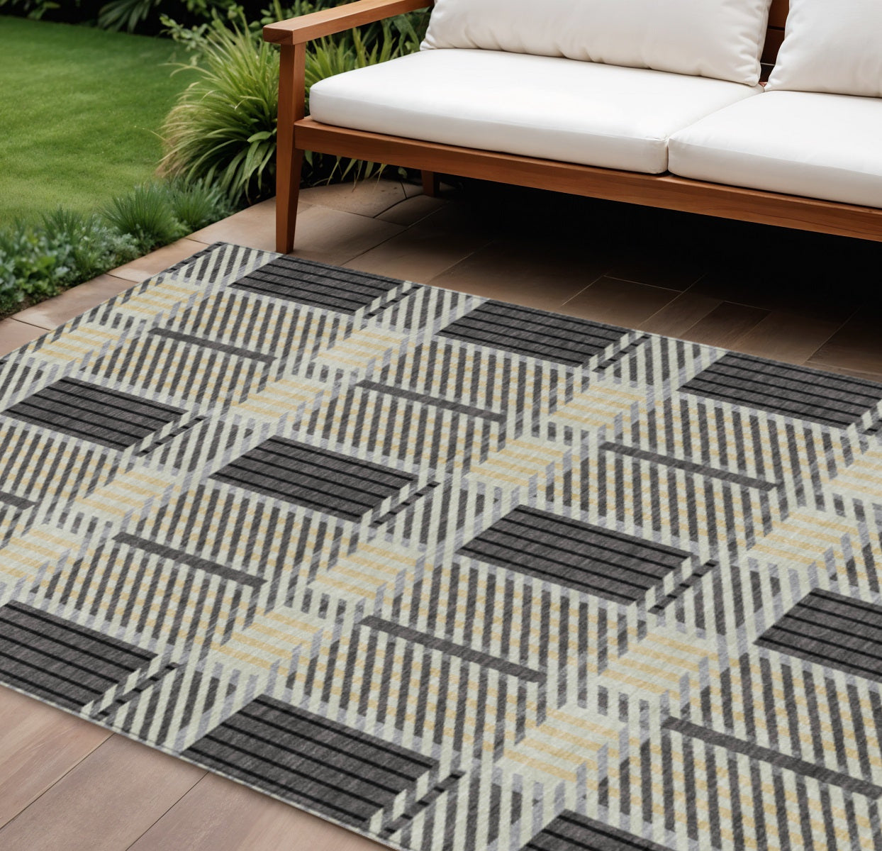 9' X 12' Gray Charcoal And Black Plaid Washable Indoor Outdoor Area Rug