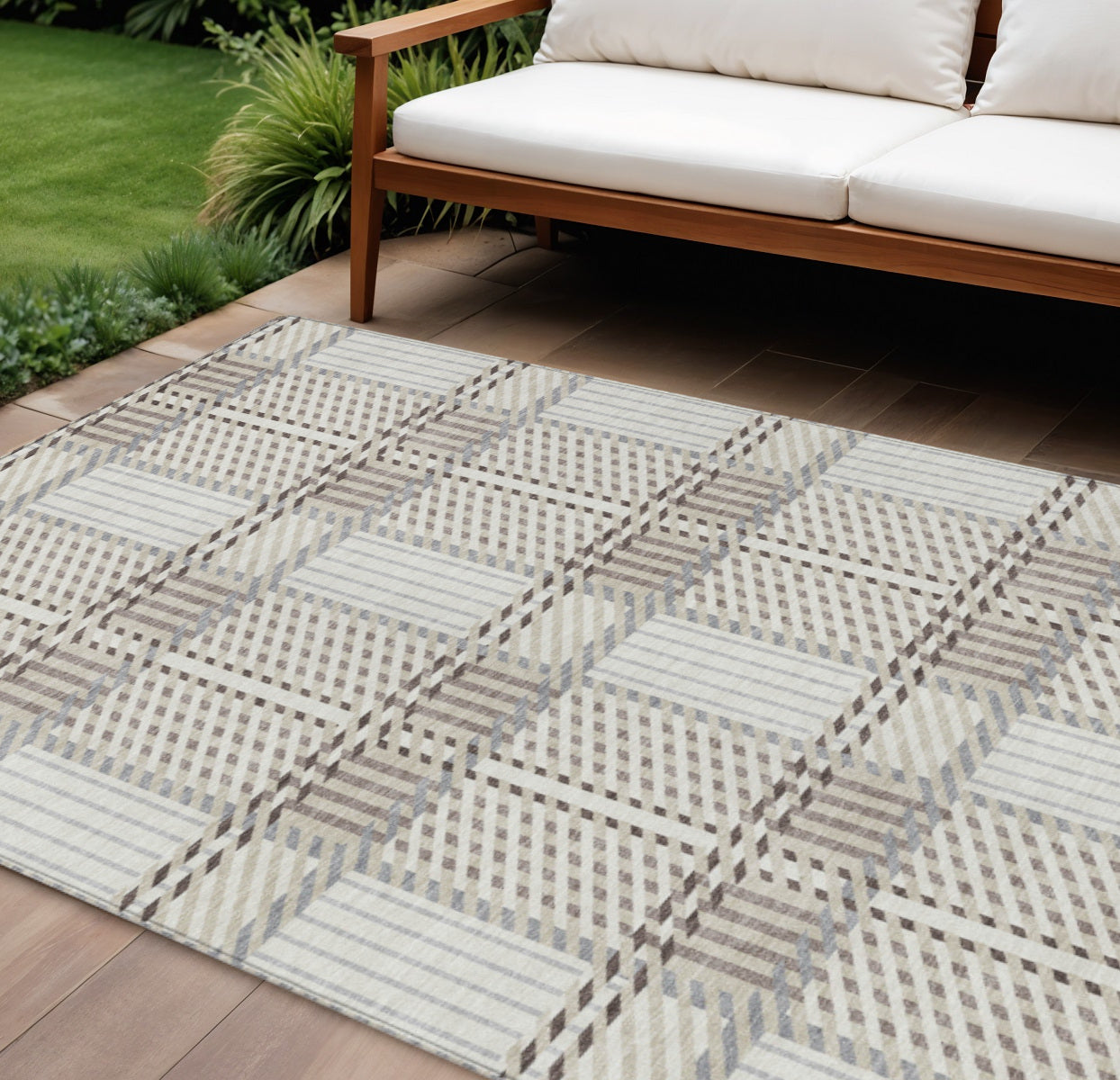 9' X 12' Ivory Gray And Brown Plaid Washable Indoor Outdoor Area Rug