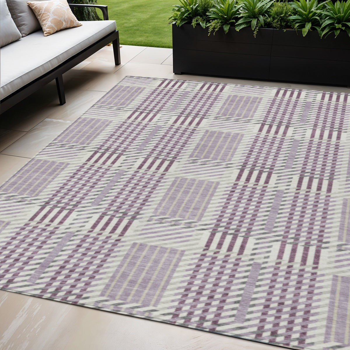 5' X 8' Lavender Ivory And Gray Plaid Washable Indoor Outdoor Area Rug