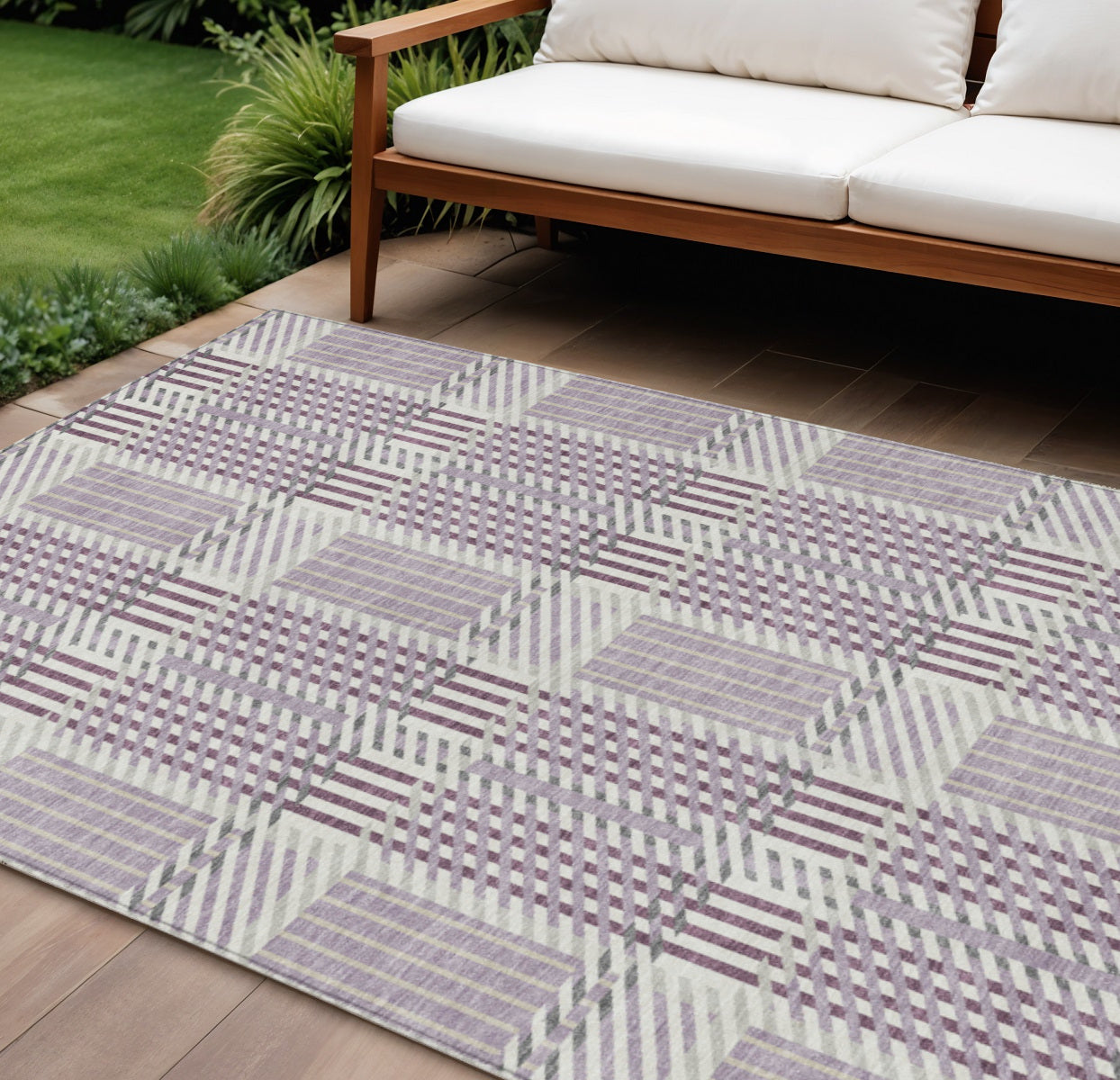 9' X 12' Lavender Ivory And Gray Plaid Washable Indoor Outdoor Area Rug