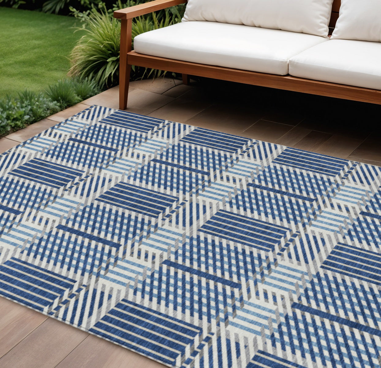 9' X 12' Navy Blue Ivory And Gray Plaid Washable Indoor Outdoor Area Rug