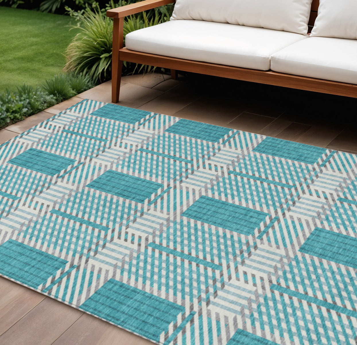 9' X 12' Teal Blue Gray And Ivory Plaid Washable Indoor Outdoor Area Rug