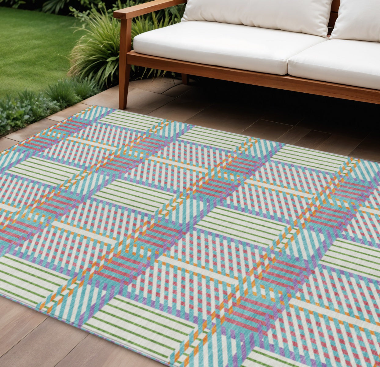 9' X 12' White Purple And Pink Plaid Washable Indoor Outdoor Area Rug