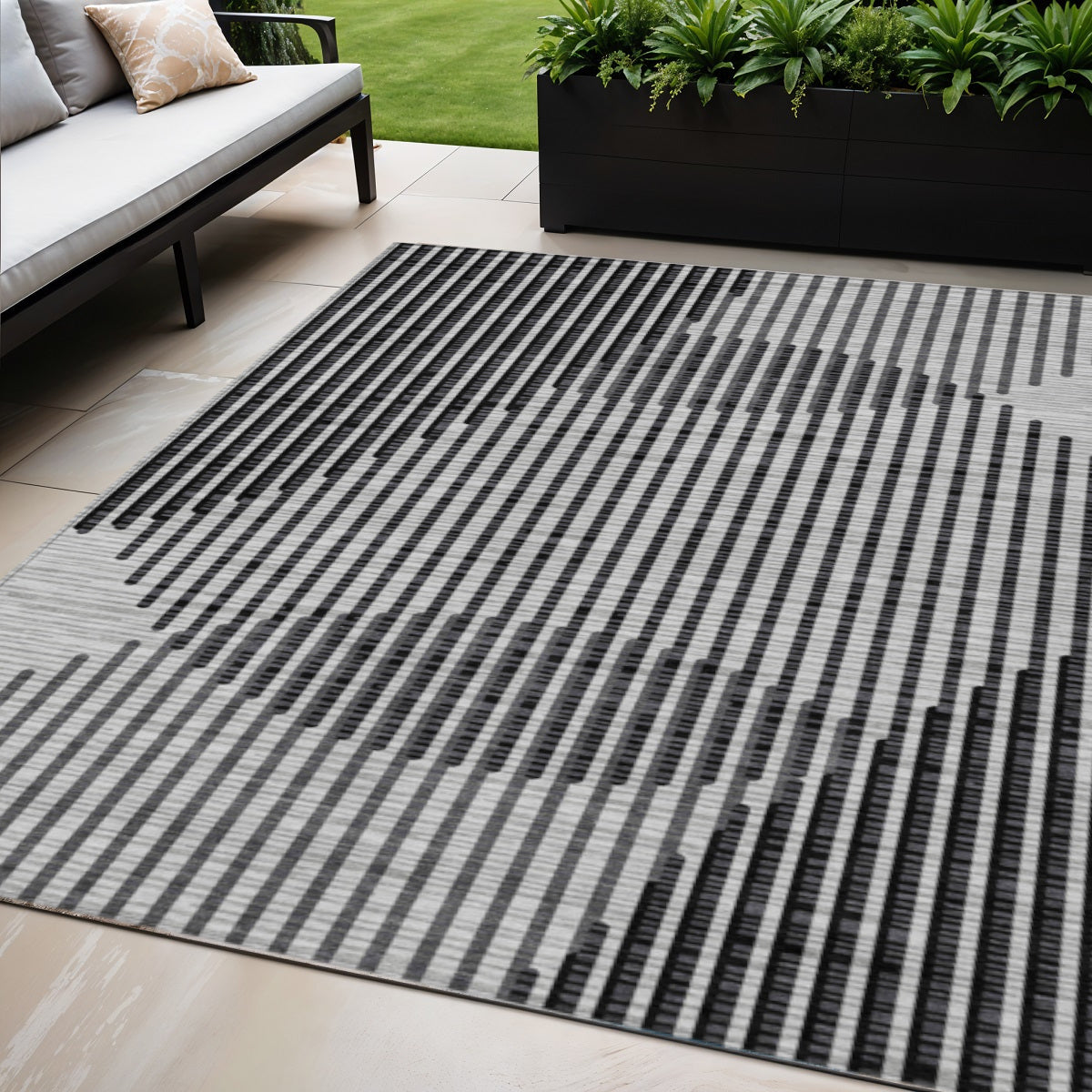 5' X 8' Gray And Black Geometric Washable Indoor Outdoor Area Rug
