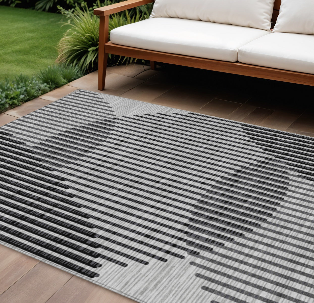 9' X 12' Gray And Black Geometric Washable Indoor Outdoor Area Rug