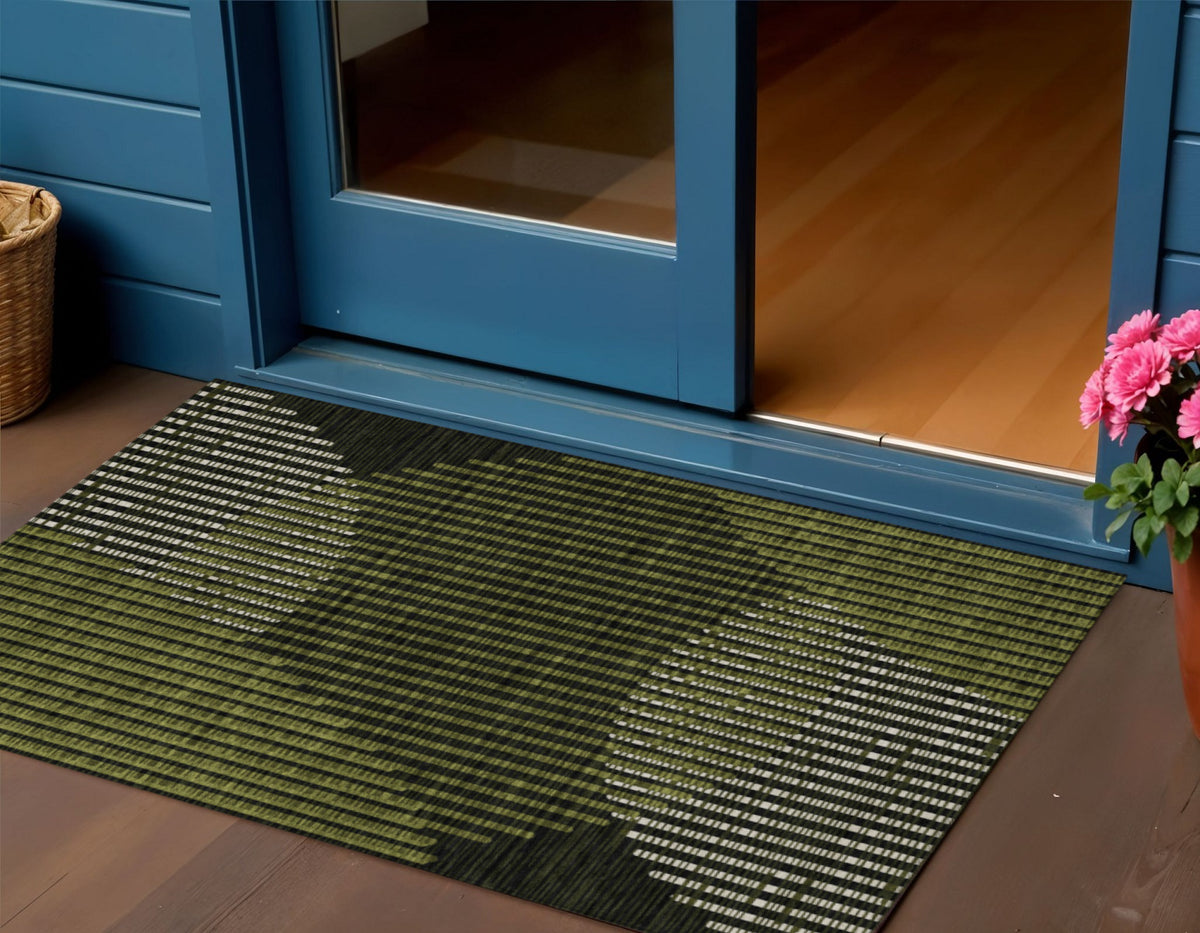 3' X 5' Olive Green And Black Geometric Washable Indoor Outdoor Area Rug