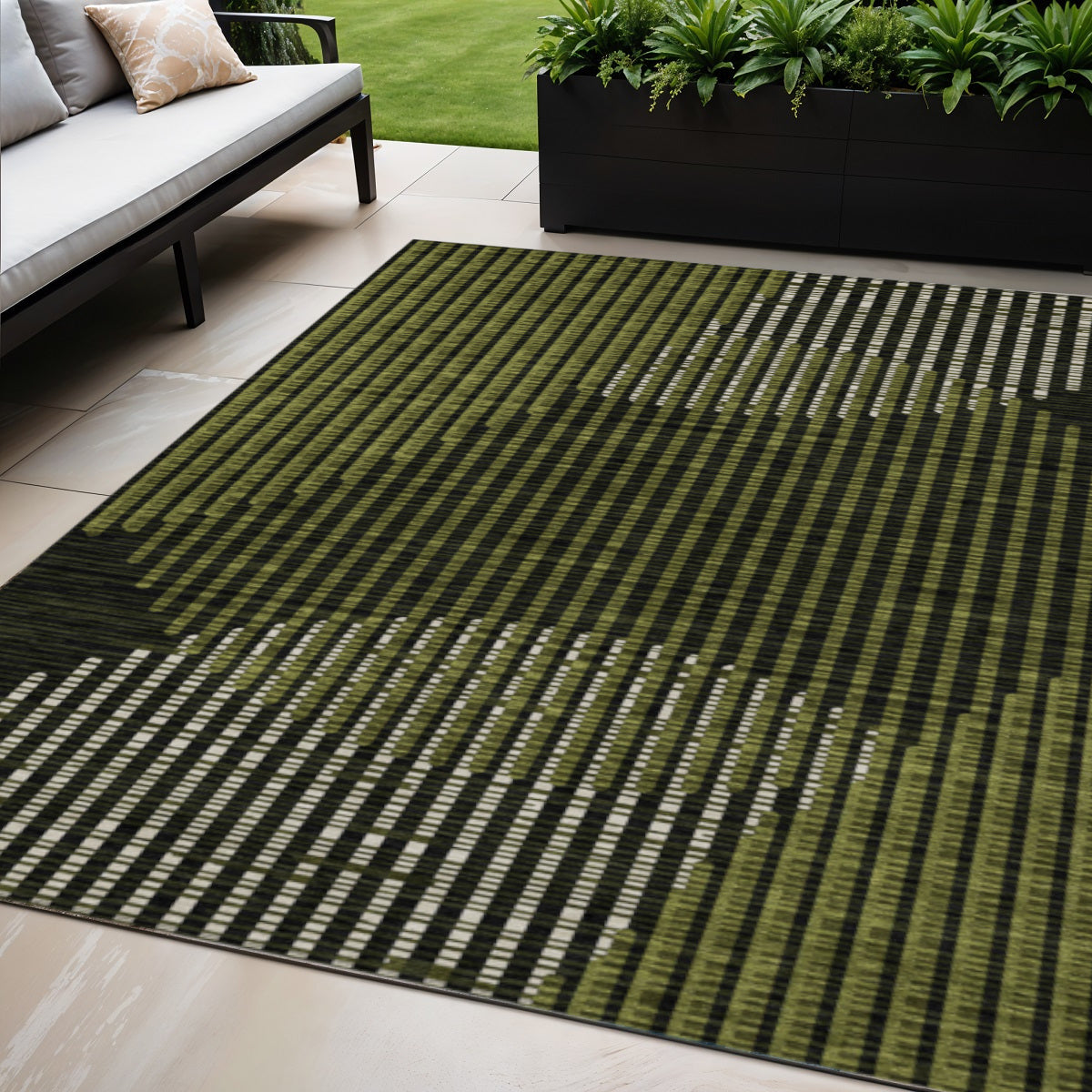 5' X 8' Olive Green And Black Geometric Washable Indoor Outdoor Area Rug
