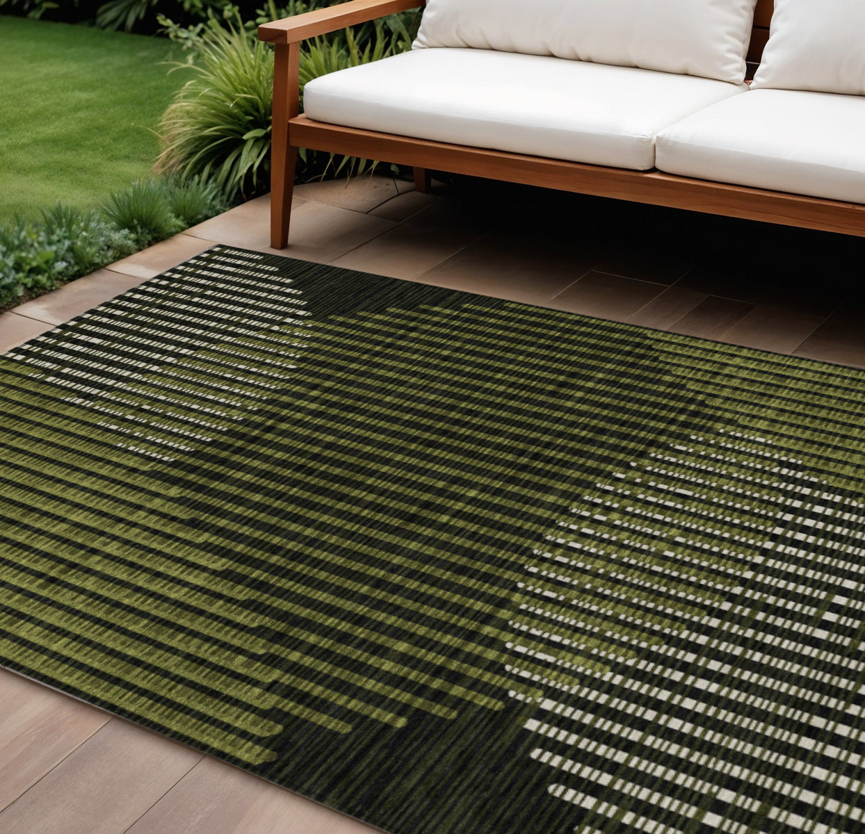 10' X 14' Olive Green And Black Geometric Washable Indoor Outdoor Area Rug
