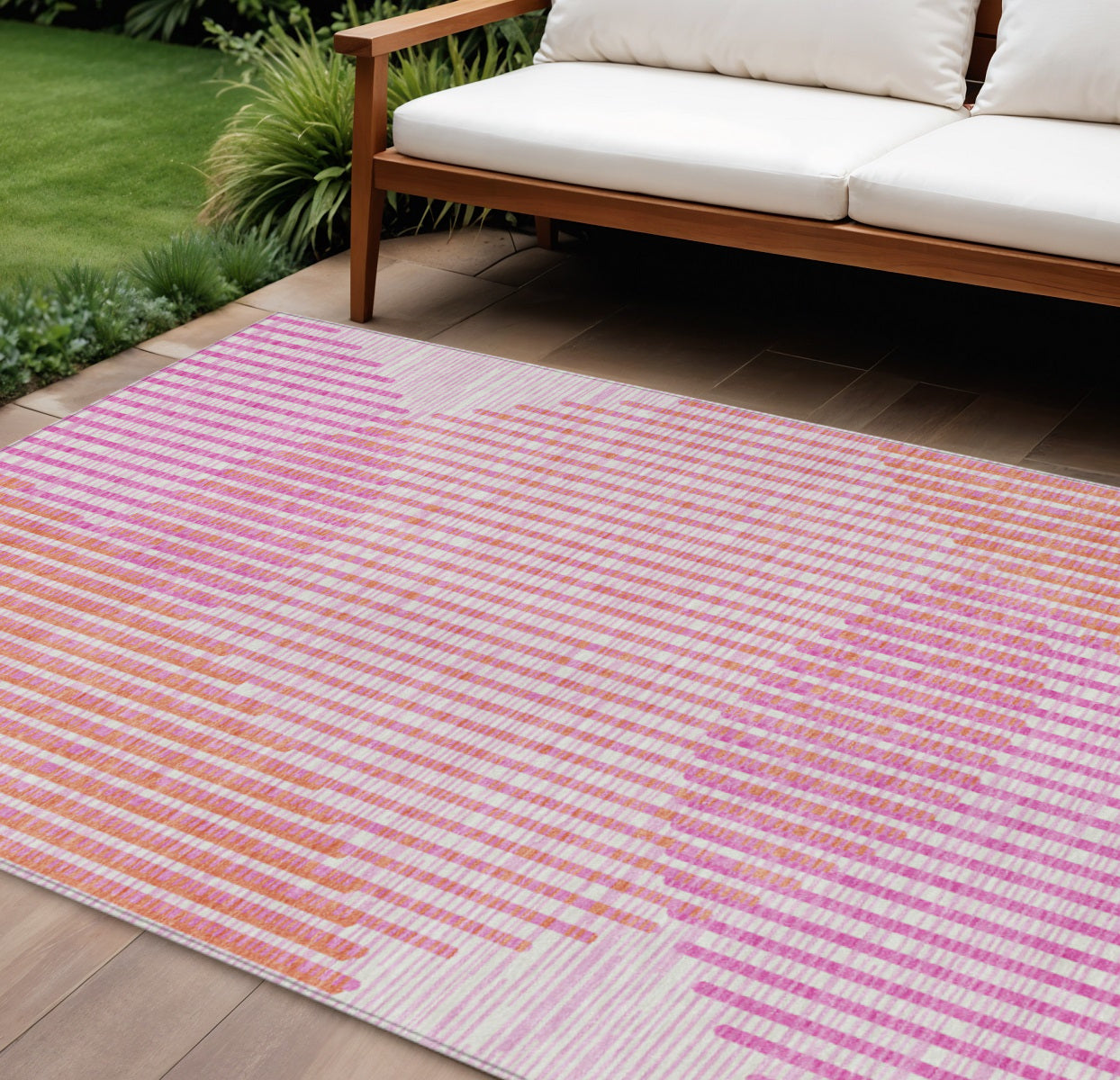 10' X 14' Pink Copper And Ivory Geometric Washable Indoor Outdoor Area Rug