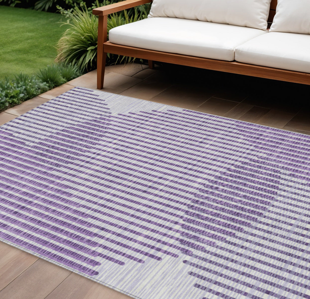 9' X 12' Purple Gray And Ivory Geometric Washable Indoor Outdoor Area Rug