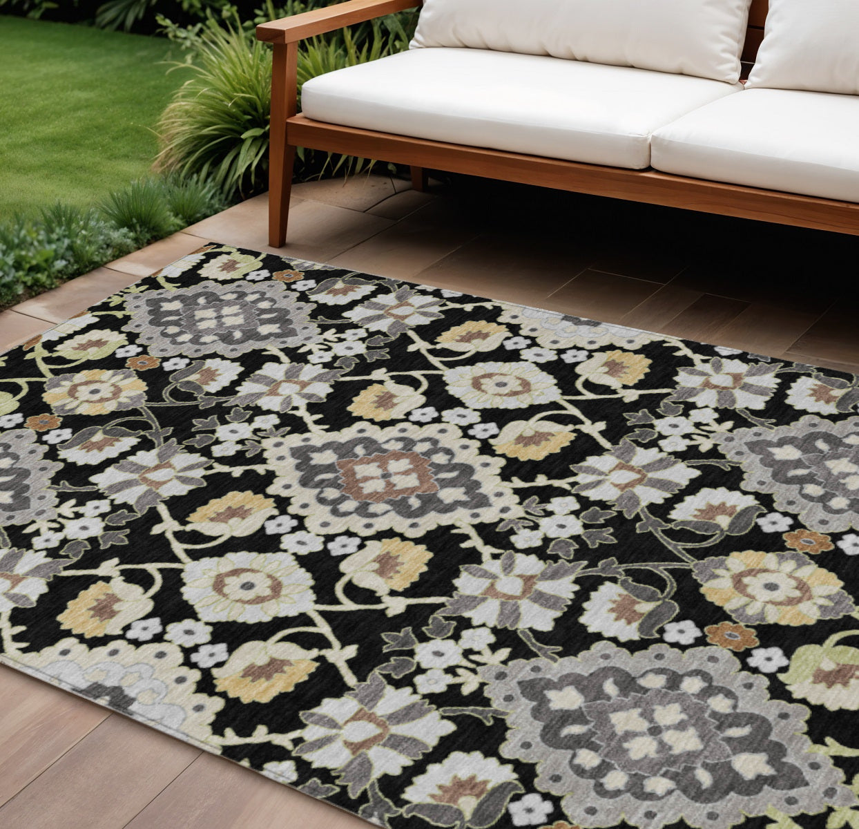 10' X 14' Black Gray And Brown Oriental Washable Indoor Outdoor Area Rug