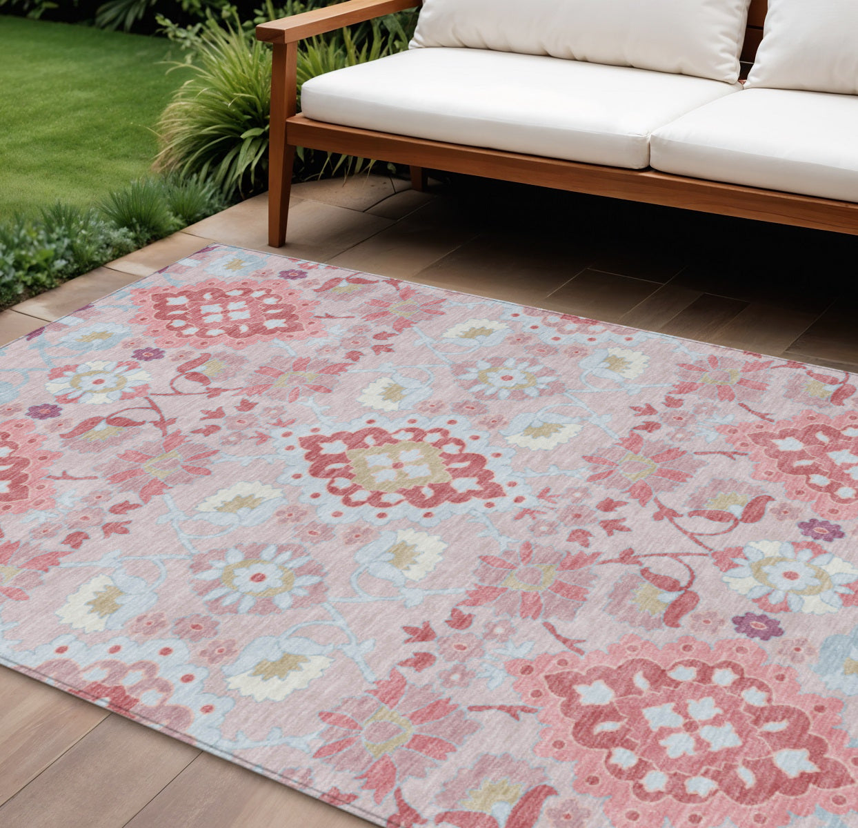 10' X 14' Blush Sky Blue And Brown Oriental Washable Indoor Outdoor Area Rug