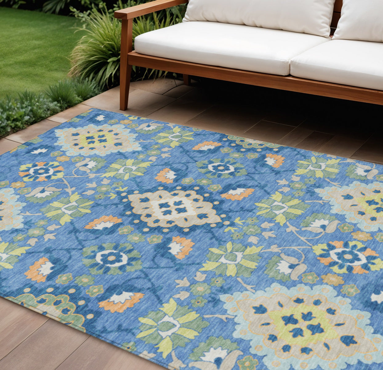 10' X 14' Blue Green And Orange Oriental Washable Indoor Outdoor Area Rug