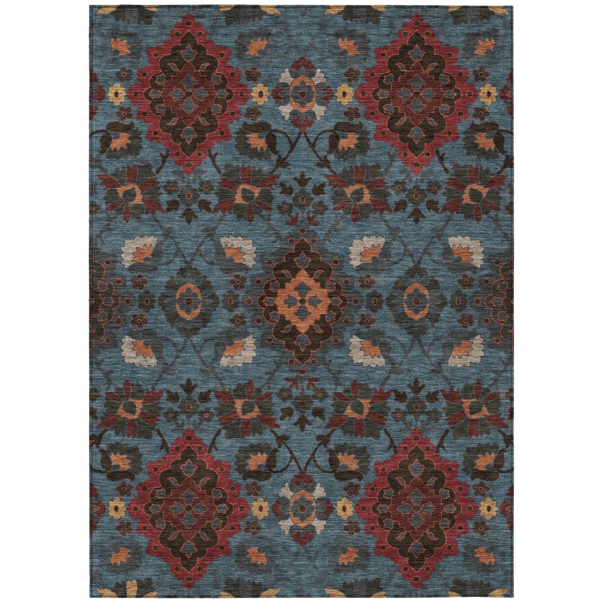 8' X 10' Denim Blue Brick Red And Brown Oriental Washable Indoor Outdoor Area Rug