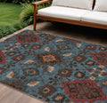 10' X 14' Denim Blue Brick Red And Brown Oriental Washable Indoor Outdoor Area Rug