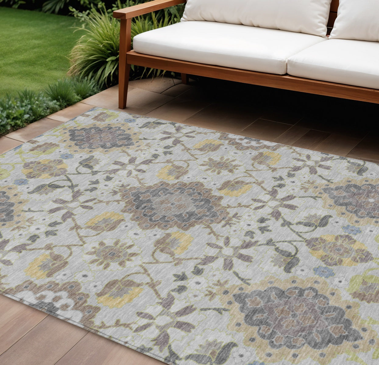 9' X 12' Gray Green And Brown Oriental Washable Indoor Outdoor Area Rug