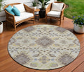 8' Ivory Brown And Green Round Oriental Washable Indoor Outdoor Area Rug