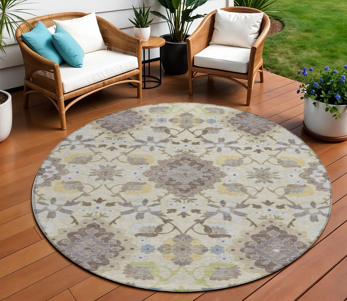 8' Ivory Brown And Green Round Oriental Washable Indoor Outdoor Area Rug