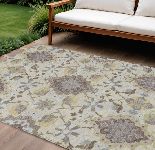 10' X 14' Ivory Brown And Green Oriental Washable Indoor Outdoor Area Rug