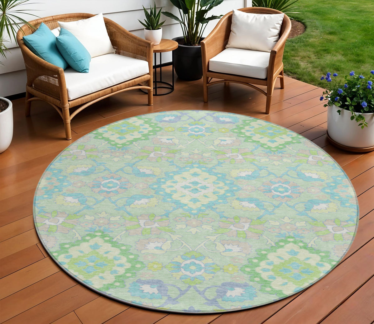 8' Mint Green Blue And Ivory Round Oriental Washable Indoor Outdoor Area Rug