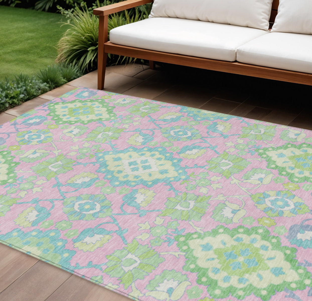 8' X 10' Pink Green And Blue Oriental Washable Indoor Outdoor Area Rug