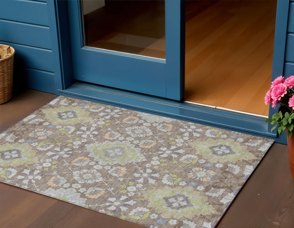 3' X 5' Taupe Beige And Green Oriental Washable Indoor Outdoor Area Rug