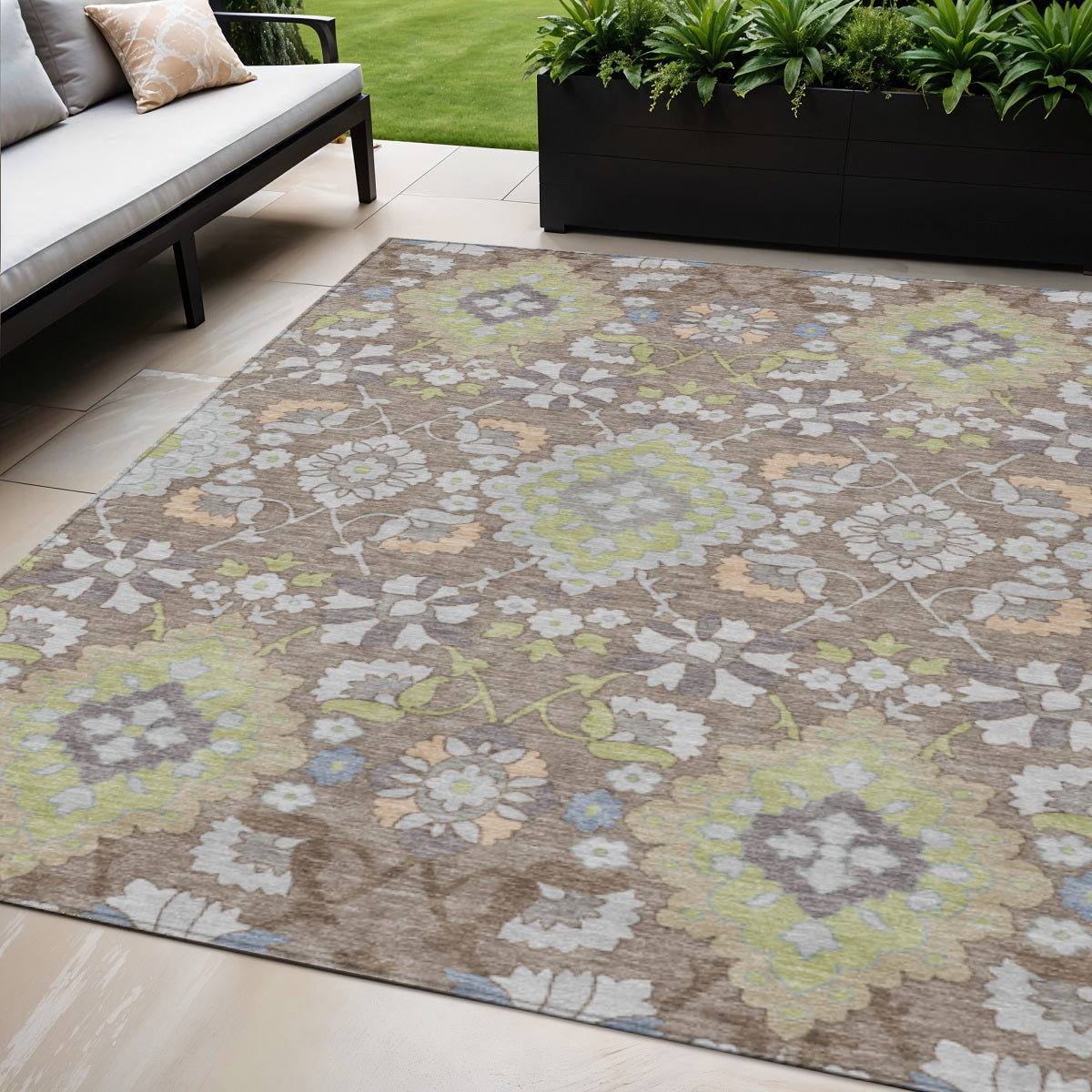 5' X 8' Taupe Beige And Green Oriental Washable Indoor Outdoor Area Rug