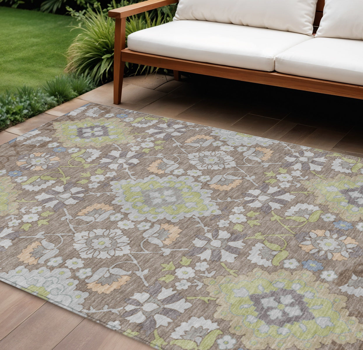 9' X 12' Taupe Beige And Green Oriental Washable Indoor Outdoor Area Rug
