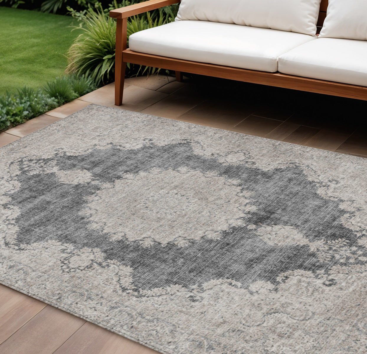 10' X 14' Black And Ivory Oriental Washable Indoor Outdoor Area Rug