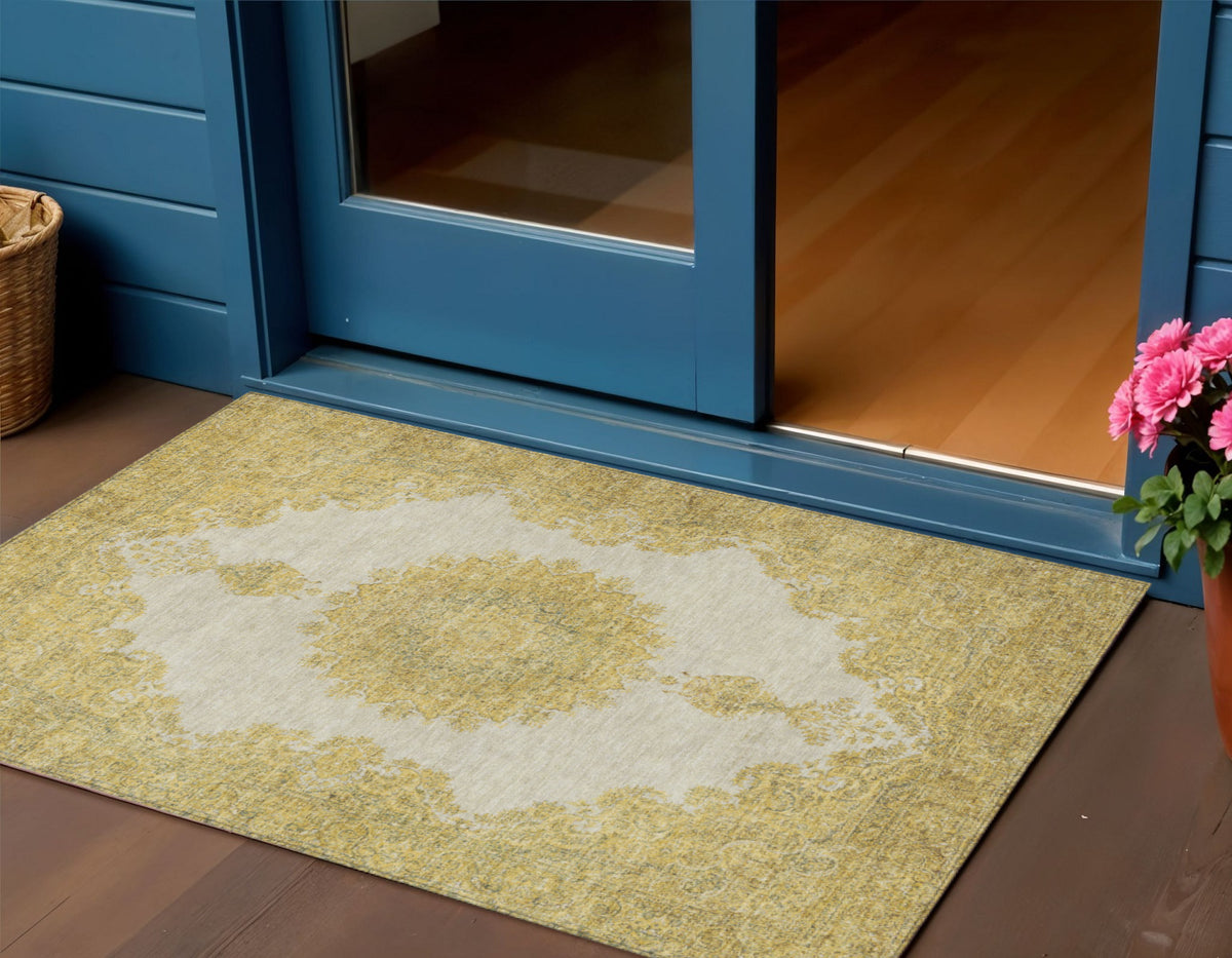 3' X 5' Gold And Ivory Oriental Washable Indoor Outdoor Area Rug