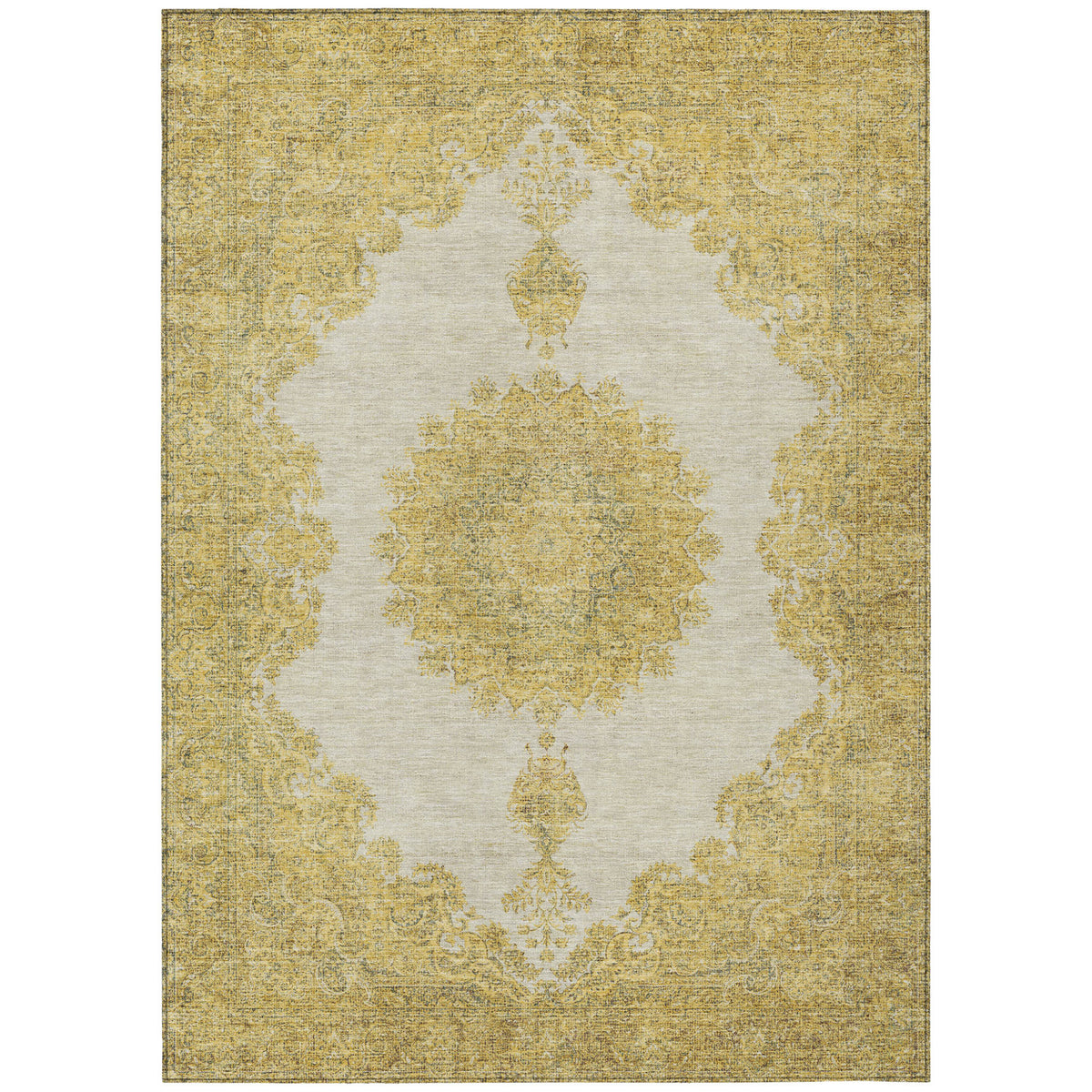 5' X 8' Gold And Ivory Oriental Washable Indoor Outdoor Area Rug